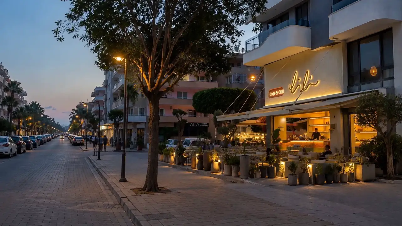 Lili Cafe & Chill glowing at blue hour on a quiet Alanya street